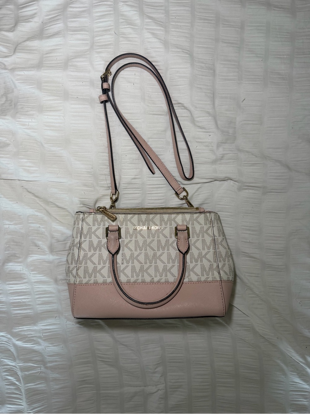 Michael Kors Pink and Cream MK Signature Crossbody Satchel